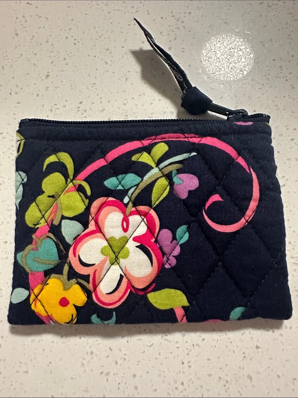 Vera Bradley Navy Quilted Coin Pouch with Pink & Teal Floral - Picture 2 of 3
